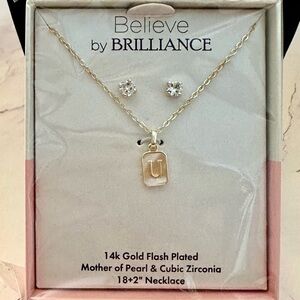 Gold Flash Plated Initial “U” MOP & Cubic Zirconia Necklace And Stud Earring Set